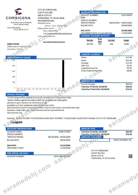 USA Texas City of Corsicana utility bill template in Word and PDF format